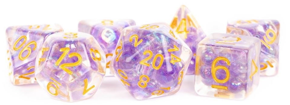 Metallic Dice Games - Resin Polyhedral Dice Set 16mm - Pearl Purple with Gold Numbers