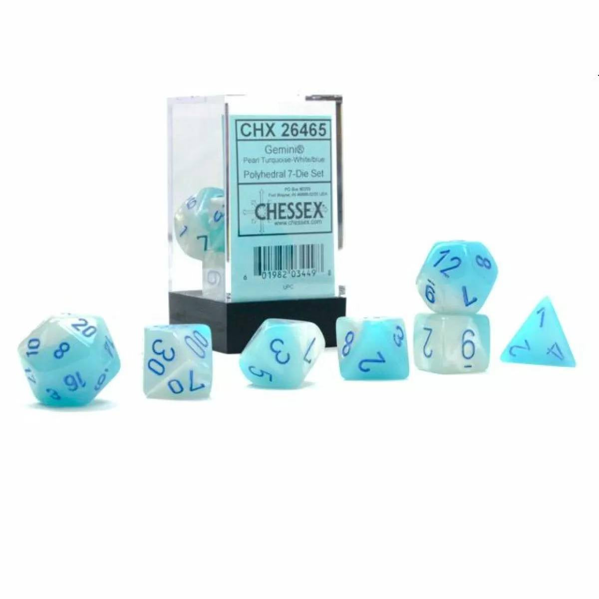 Chessex - Gemini Pearl Turquoise-White/blue Luminary 7-Die Set (CHX 26465)