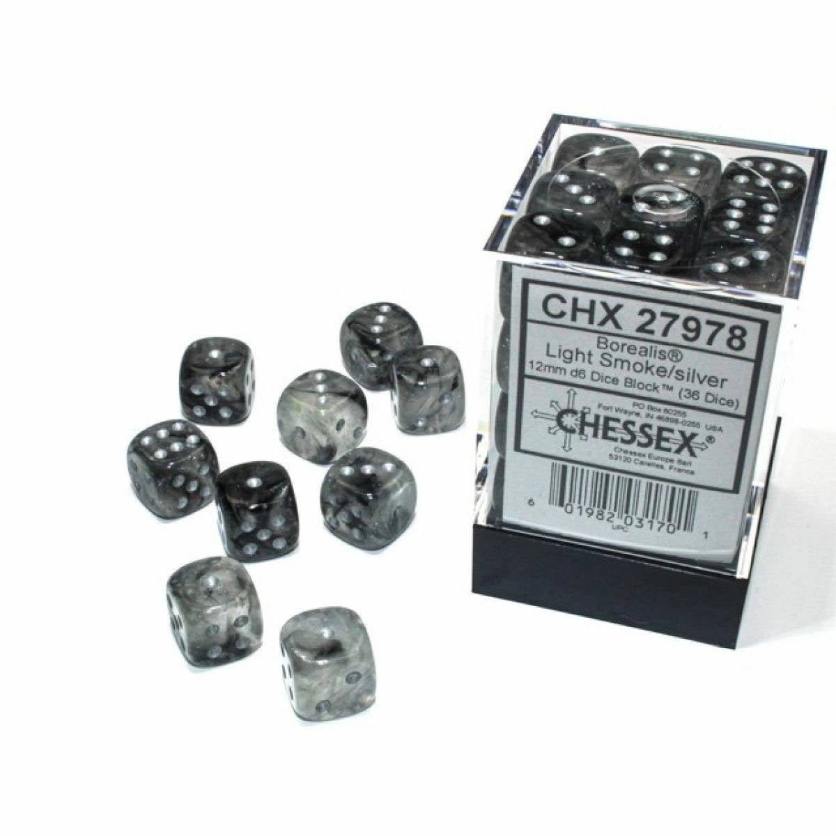 Chessex - Borealis 12mm D6 Light Smoke/Silver Luminary Block (36) CHX 27978