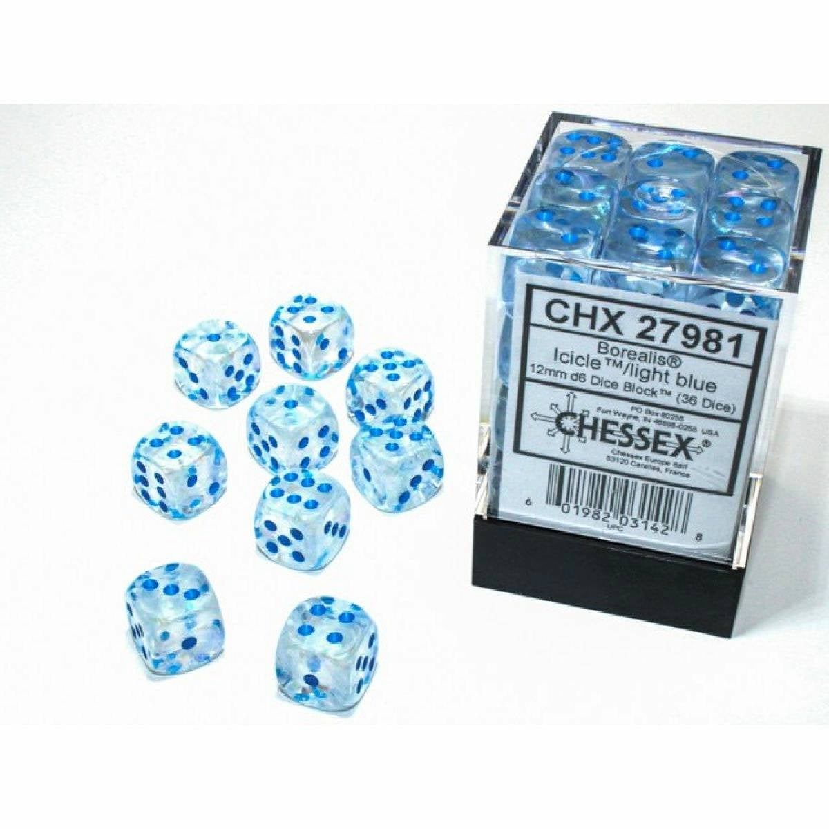 Chessex - Borealis 12mm D6 Icicle/Light Blue Luminary Block (36) CHX 27981
