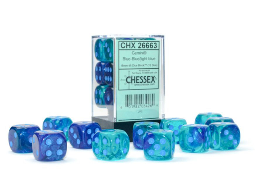 Chessex - Gemini 16mm d6 Blue-Blue/Light Blue Luminary Block - CHX 26663 (12)