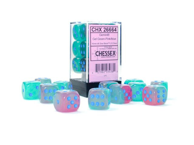Chessex - Gemini 16mm d6 Gel Green-Pink/Blue Luminary Block - CHX 26664 (12)