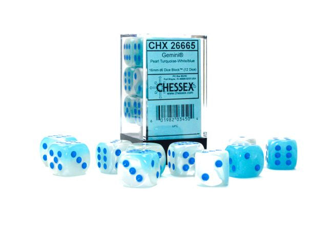 Chessex - Gemini 16mm d6 Pearl Turquoise-White/Blue Luminary Block - CHX 26665 (12)