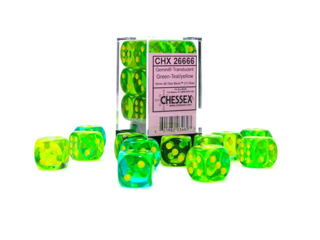 Chessex - Gemini 16mm d6 Translucent Green-Teal/Yellow Block - CHX 26666 (12)