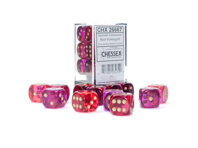 Chessex - Gemini 16mm d6 Translucent Red-Violet/Gold Block - CHX 26667 (12)