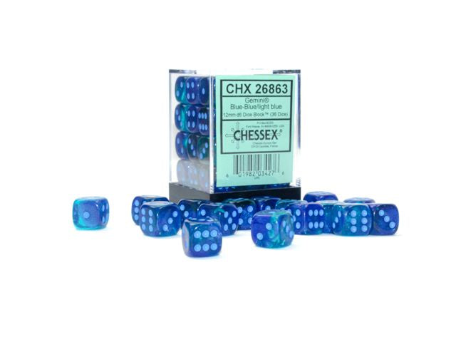 Chessex - Gemini 12mm d6 Blue-Blue/Light Blue Luminary Block - CHX 26863(36)