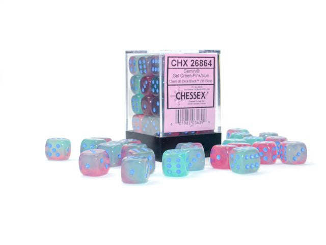 Chessex - Gemini 12mm d6 Gel Green-Pink/Blue Luminary Block - CHX 26864 (36)