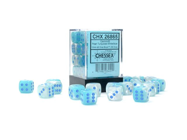Chessex - Gemini 12mm d6 Pearl Turquoise-White/Blue Luminary Block - CHX 26865 (36)