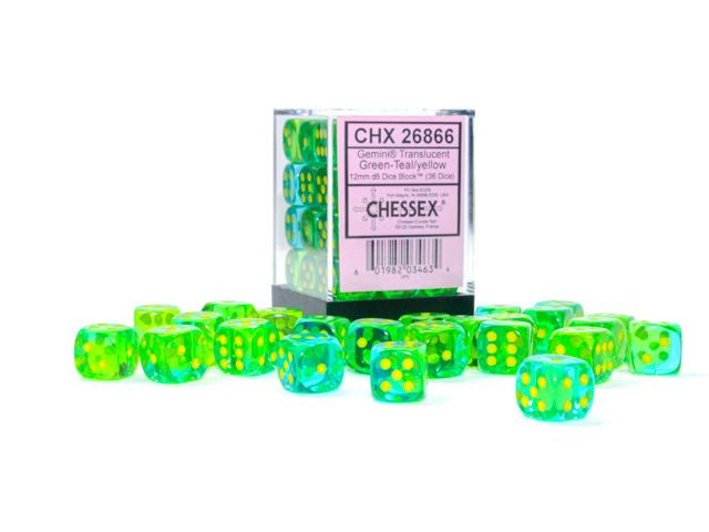 Chessex - Gemini 12mm d6 Translucent Green-Teal/Yellow Block - CHX 26866 (36)