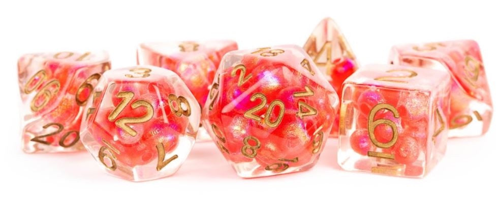 Metallic Dice Games - Resin Polyhedral Dice Set 16mm - Pearl Red with Copper Numbers