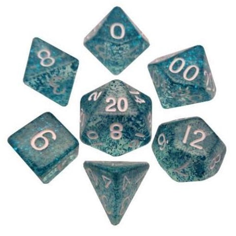 Metallic Dice Games - Mini Polyhedral Dice Set White Numbers - Ethereal Light Blue