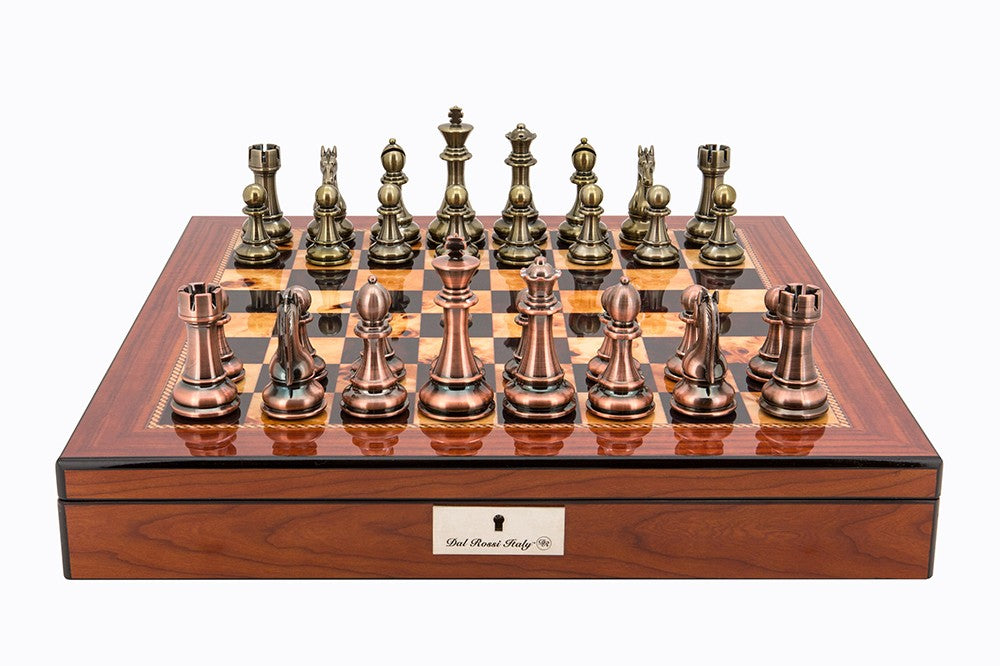 Dal Rossi 20 Copper/Bronze Pieces on Walnut Shiny Finish Box with Compartments - Chess Set