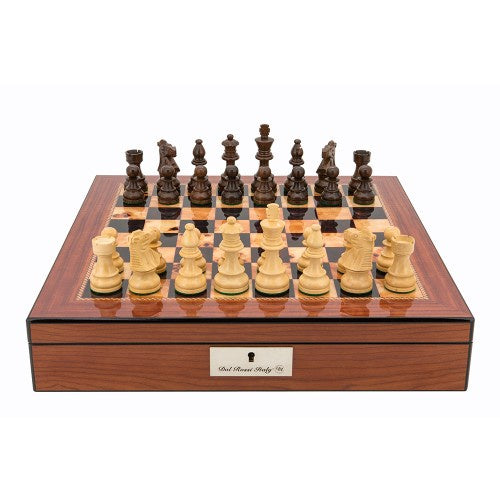 Dal Rossi Italy Staunton Wooden 85mm Chess Pieces on Walnut Shiny Finish Chess Box 16 with Compartments