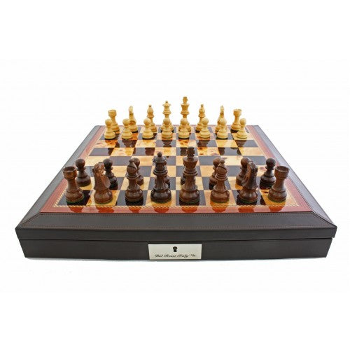 Dal Rossi 18 Chess Set Walnut Finish Chess Set with PU Leather Edge with Compartments and Boxwood and Sheesham 85mm Chess Pieces
