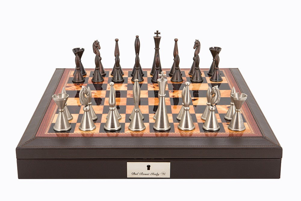 Dal Rossi Chess Set Brown PU Leather Bevilled Edge 18 with Staunton Metal Chessmen