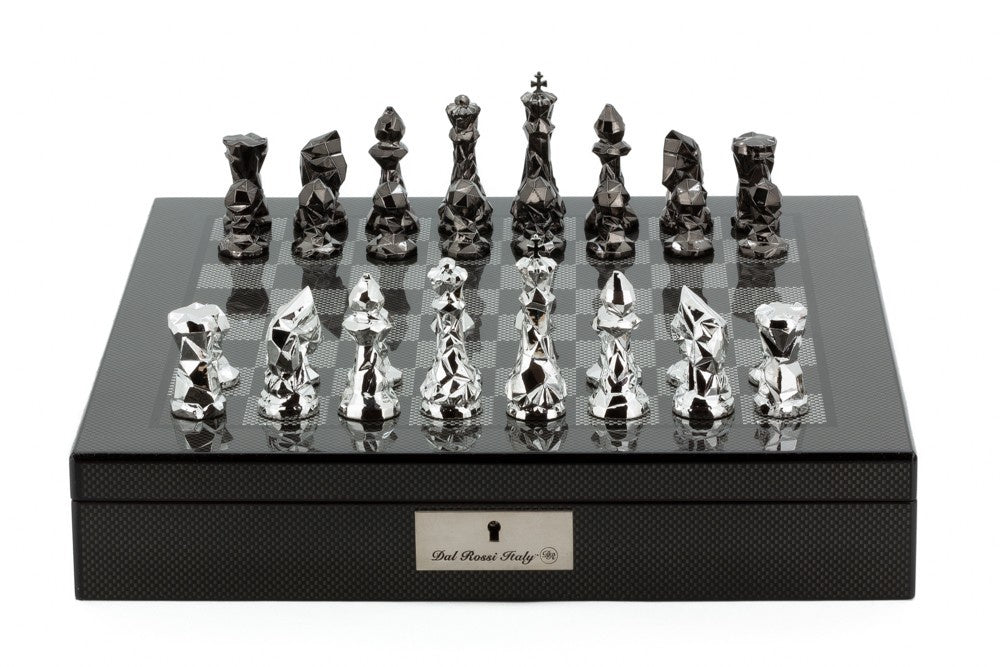 Dal Rossi Italy Chess Set with Diamond-Cut Titanium &amp; Silver 85mm Chessmen on a Carbon Fibre Shiny Finish Chess Box 16 with compartments