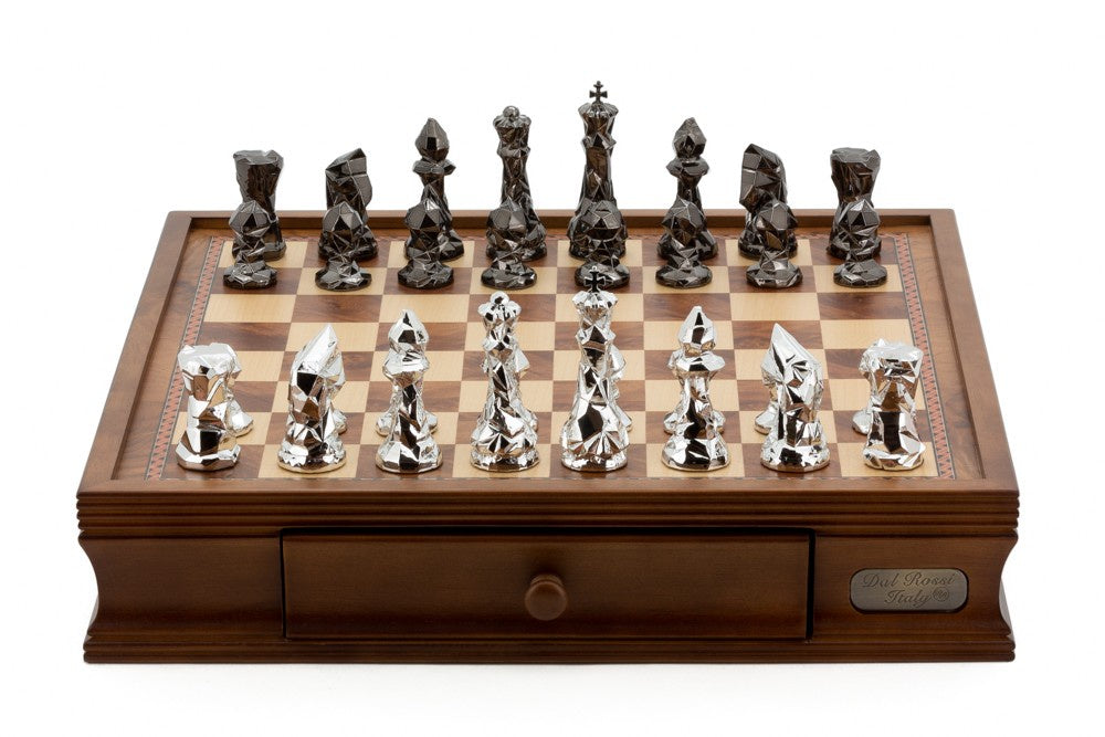 Chess Set Diamond-Cut Titanium &amp; Silver 85mm Chessmen/ Walnut Finish Chess Board 16