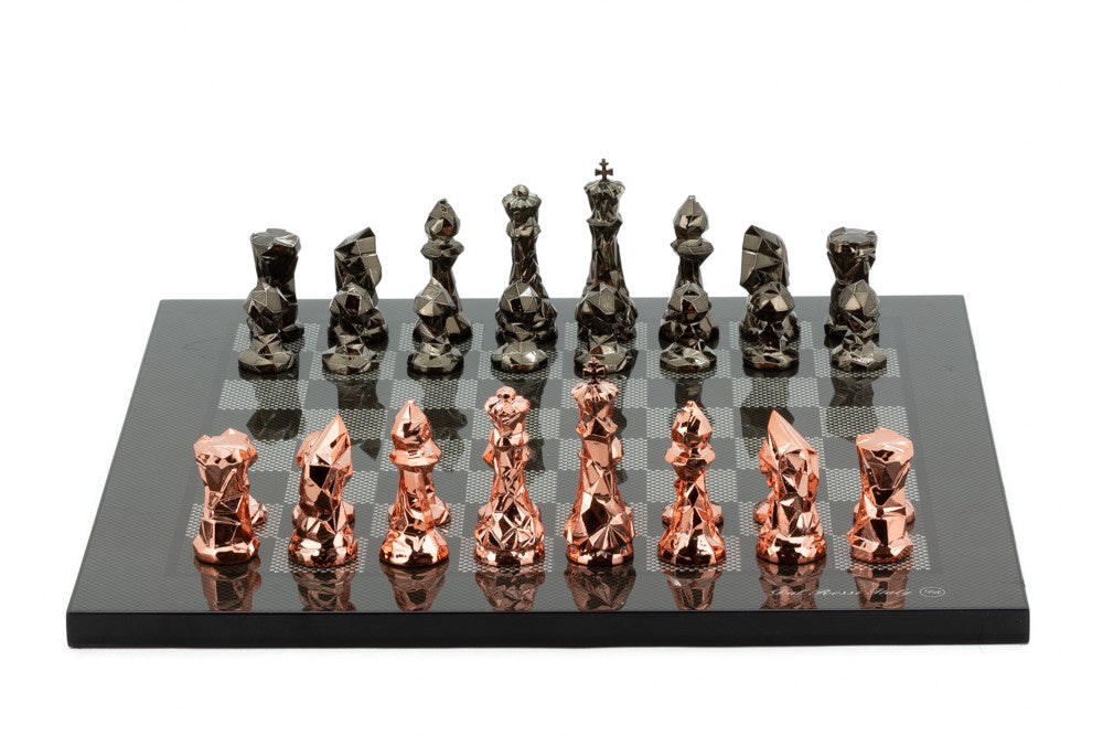 Dal Rossi Italy Chess Set with Diamond-Cut Copper &amp; Bronze 85mm Chessmen on a Carbon Fibre Shiny Finish Chess Board 16