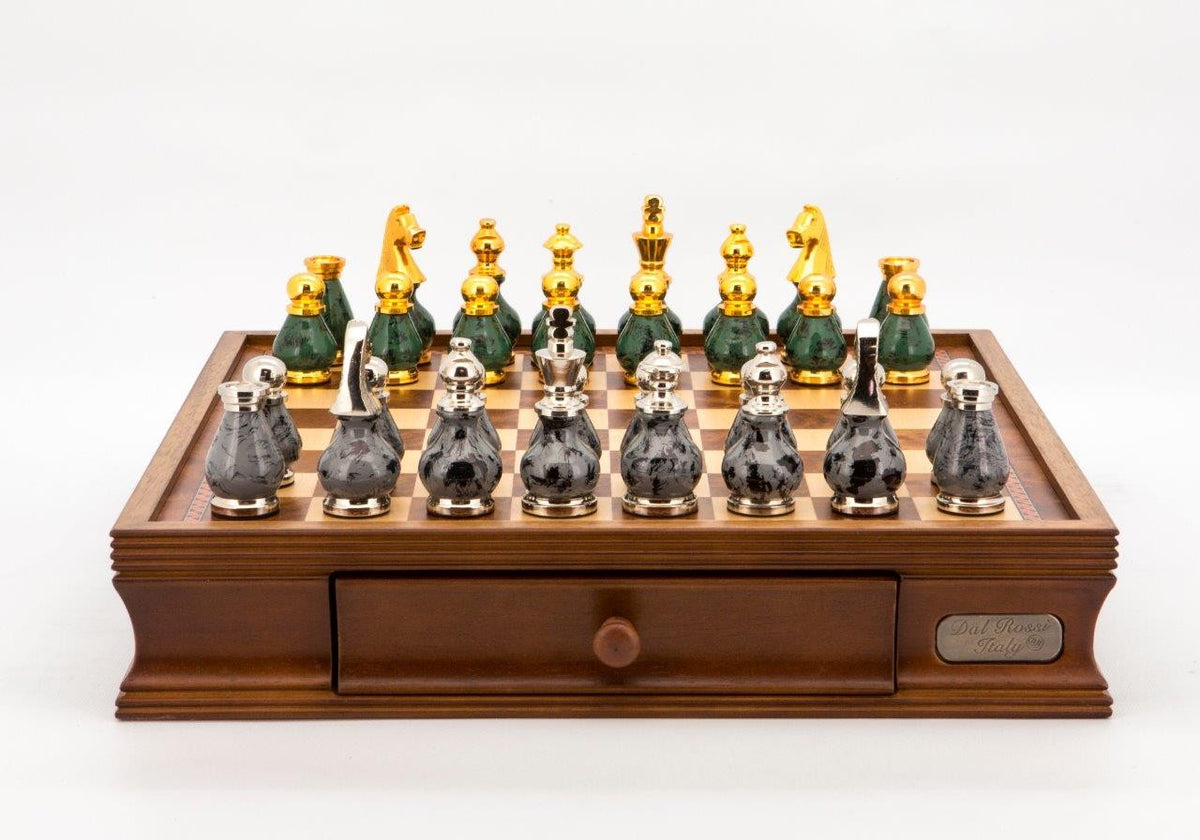 Dal Rossi Italy Chess Set Walnut Finish 16? w/ Drawers Gray/Silver and Green/Gold Metal Pieces 90mm