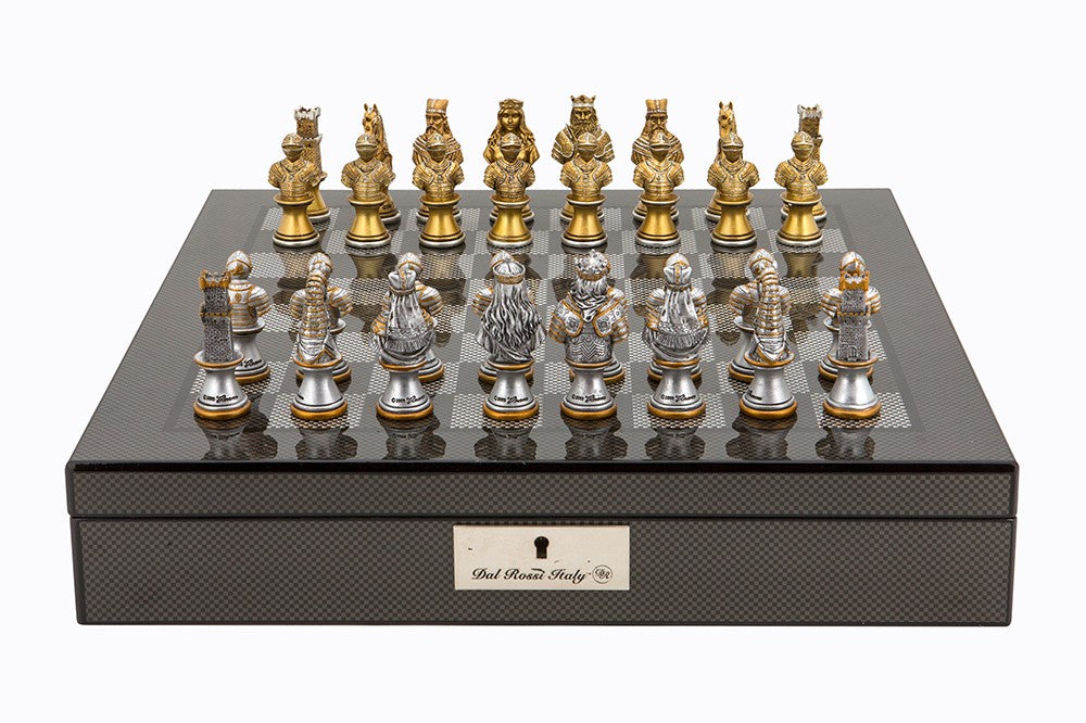 Dal Rossi Carbon Fibre Chess Box + Medieval Warriors Resin Chessmen