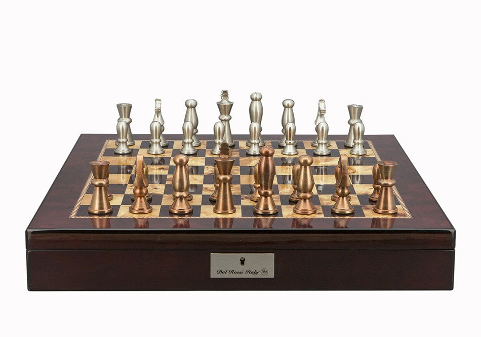 Dal Rossi Italy Chess Set Mahogany Shiny Finish 20? With Compartments Metal Dark Titanium and Silver chessmen 115mm