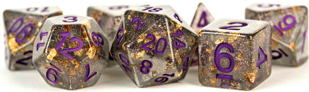 Metallic Dice Games - Digital Resin Dice Set 16mm - Gray with Gold Foil Purple Numbers