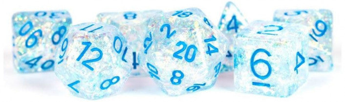 Metallic Dice Games - resin Flash Dice Set 16mm Polyhedral - Clear withLight Blue Numbers