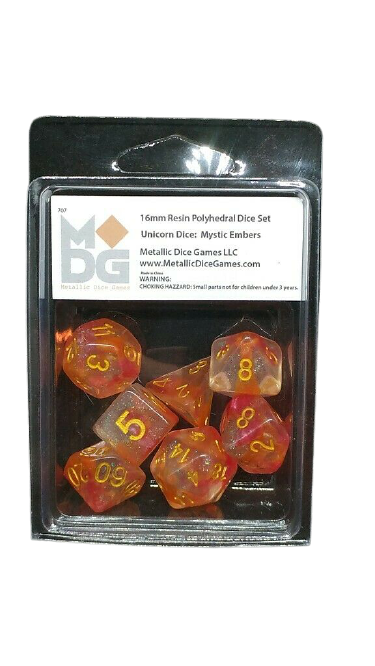 Metallic Dice Games - Unicorn Resin Polyhedral Dice Set - Mystic Embers